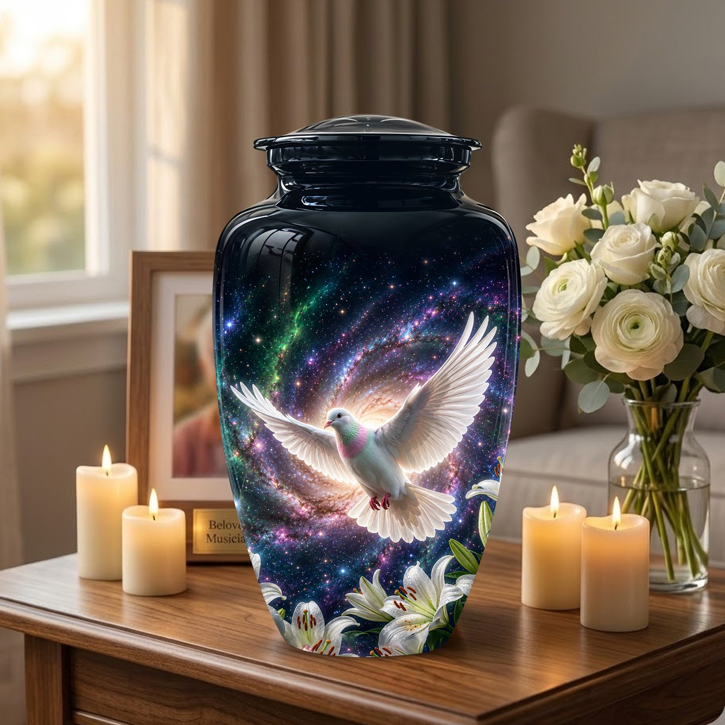 White Flying Dove Cremation Urn - Personalized Black Memorial Urns