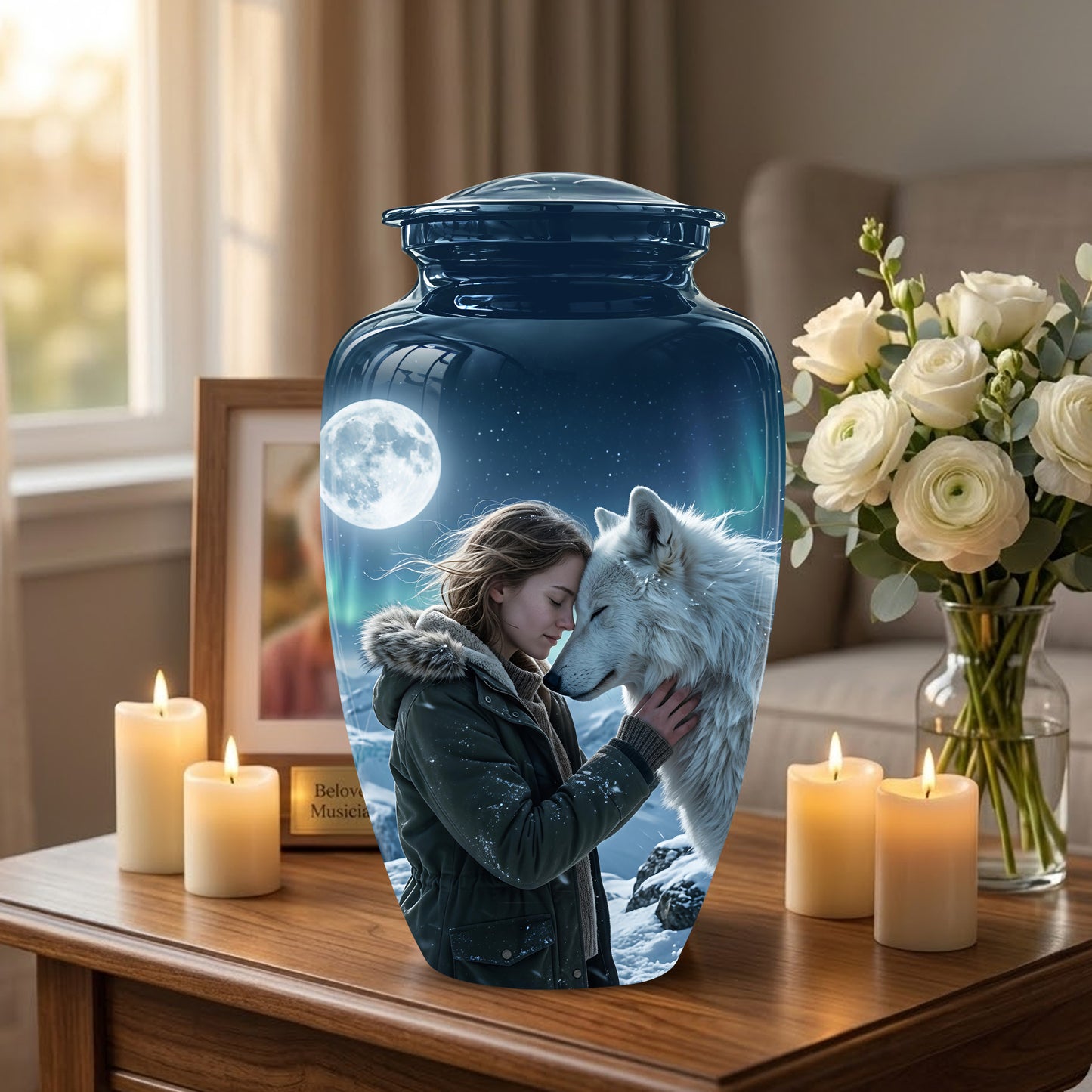 White Wolf Memorial Urn for Ashes - Custom Engraved Urns For Human