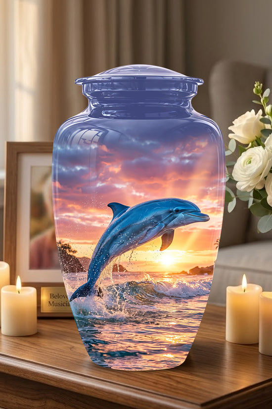 Blue Dolphin Themed Urn - Sunset Custom Funeral Urns For Human Ashes