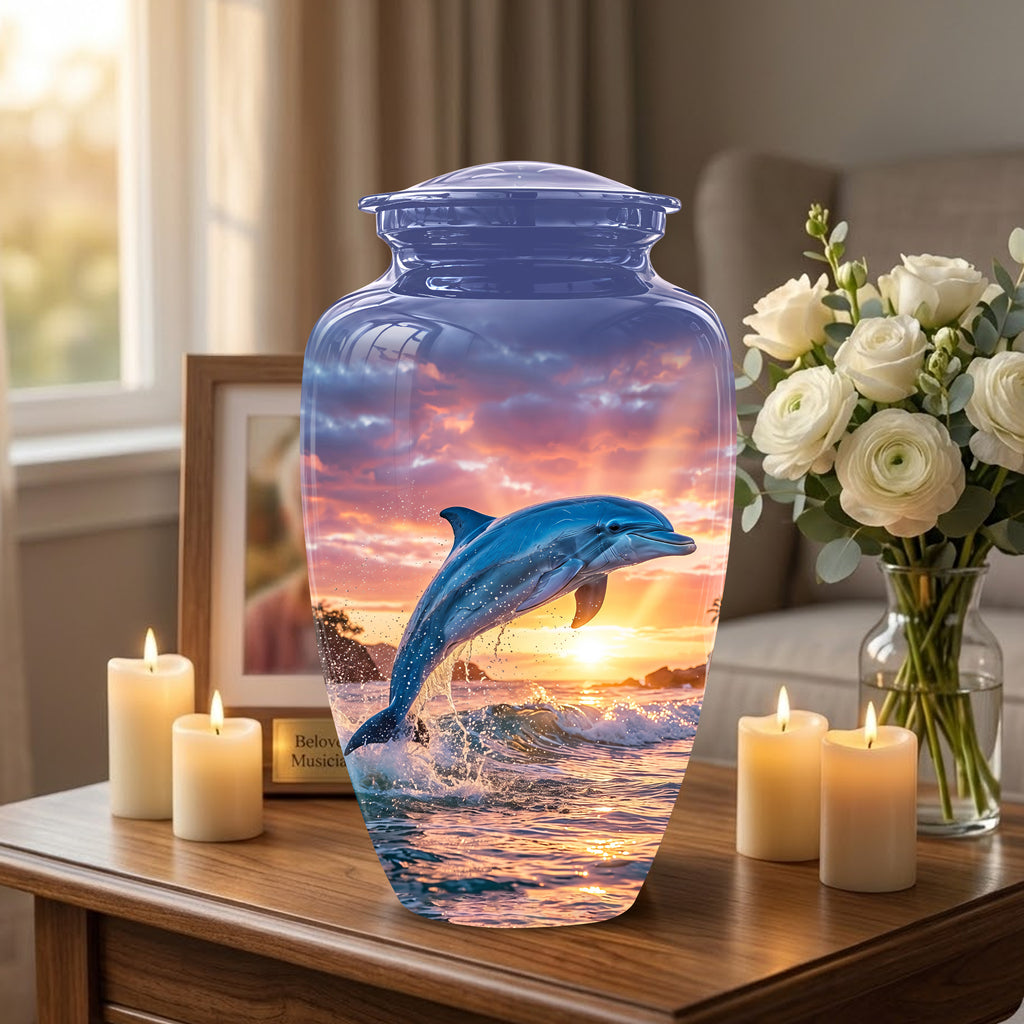 Blue Dolphin Themed Urn - Sunset Custom Funeral Urns For Human Ashes