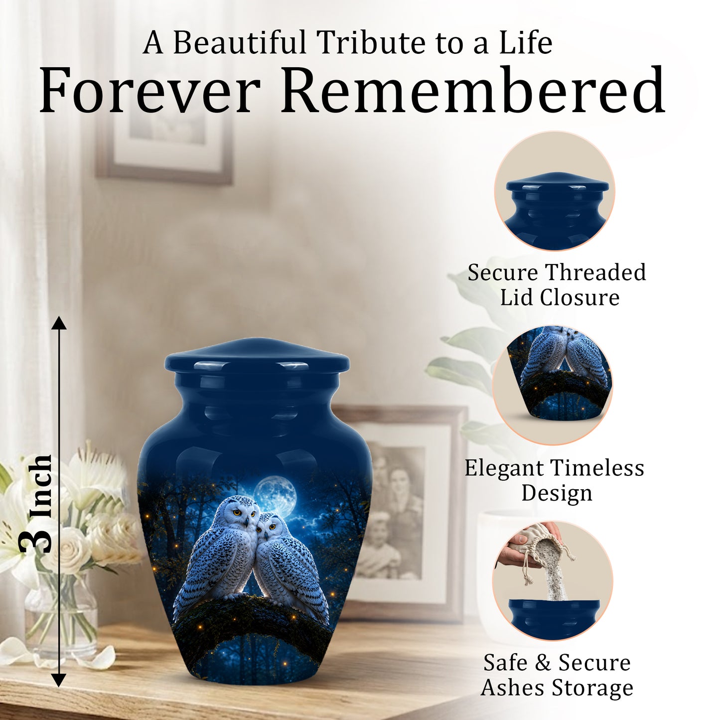 Snowy Owls Cremation Urn - Moonlight Owl Funeral Urns For Human Ashes