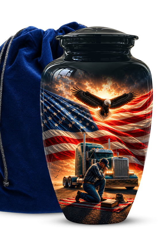Personalized Patriotic Truck Driver Funeral Urn with American Flag Design