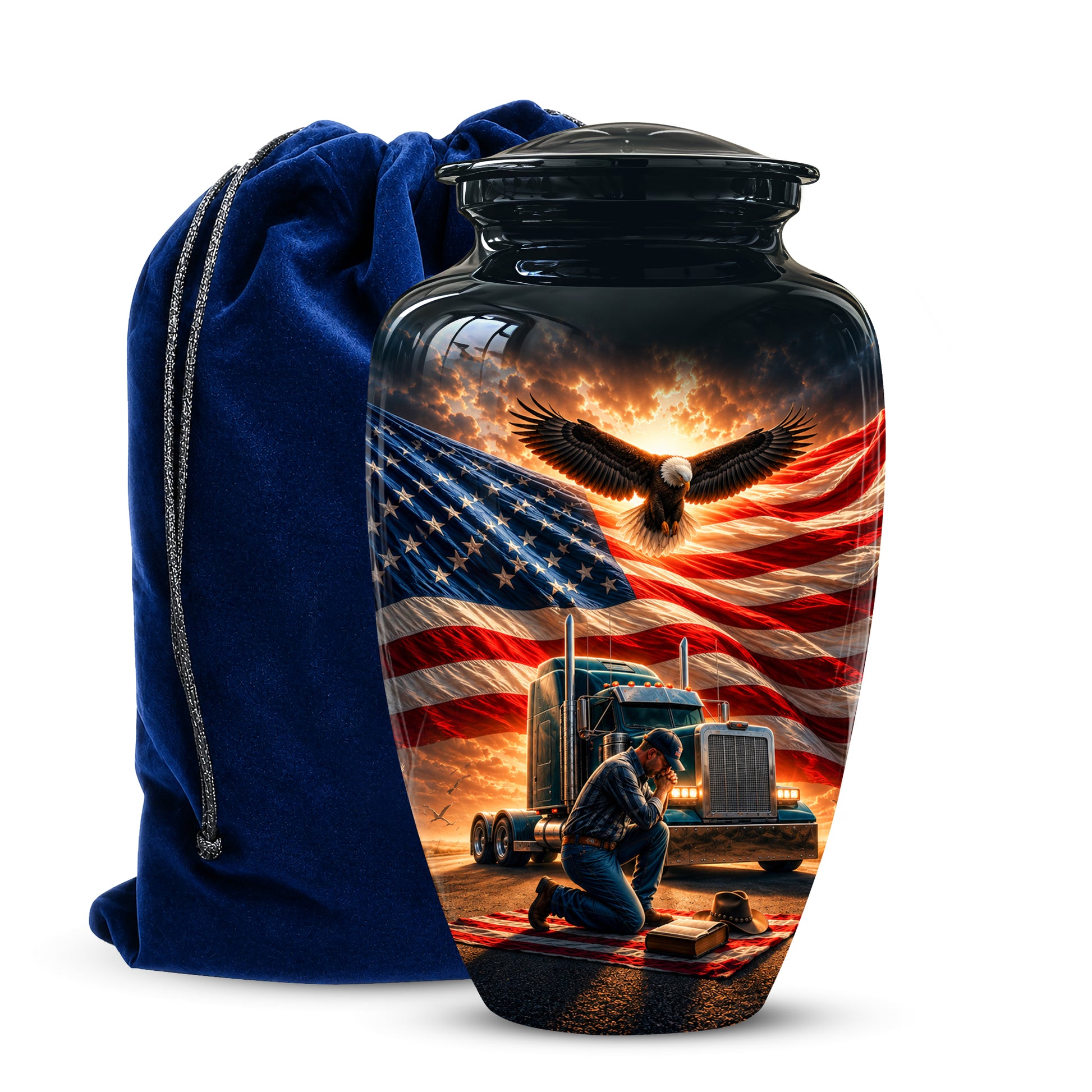 Personalized Patriotic Truck Driver Funeral Urn with American Flag Design