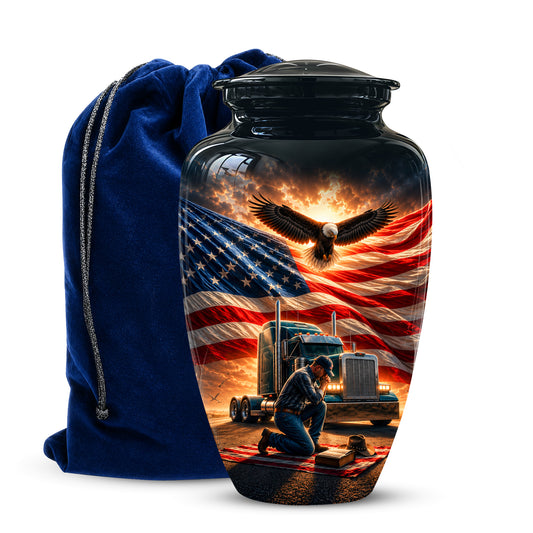 Personalized Patriotic Truck Driver Funeral Urn with American Flag Design