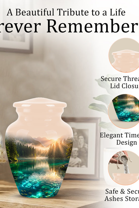 Serene Mountain Lake Cremation Urn- Custom Memorial Art Urns For Ashes