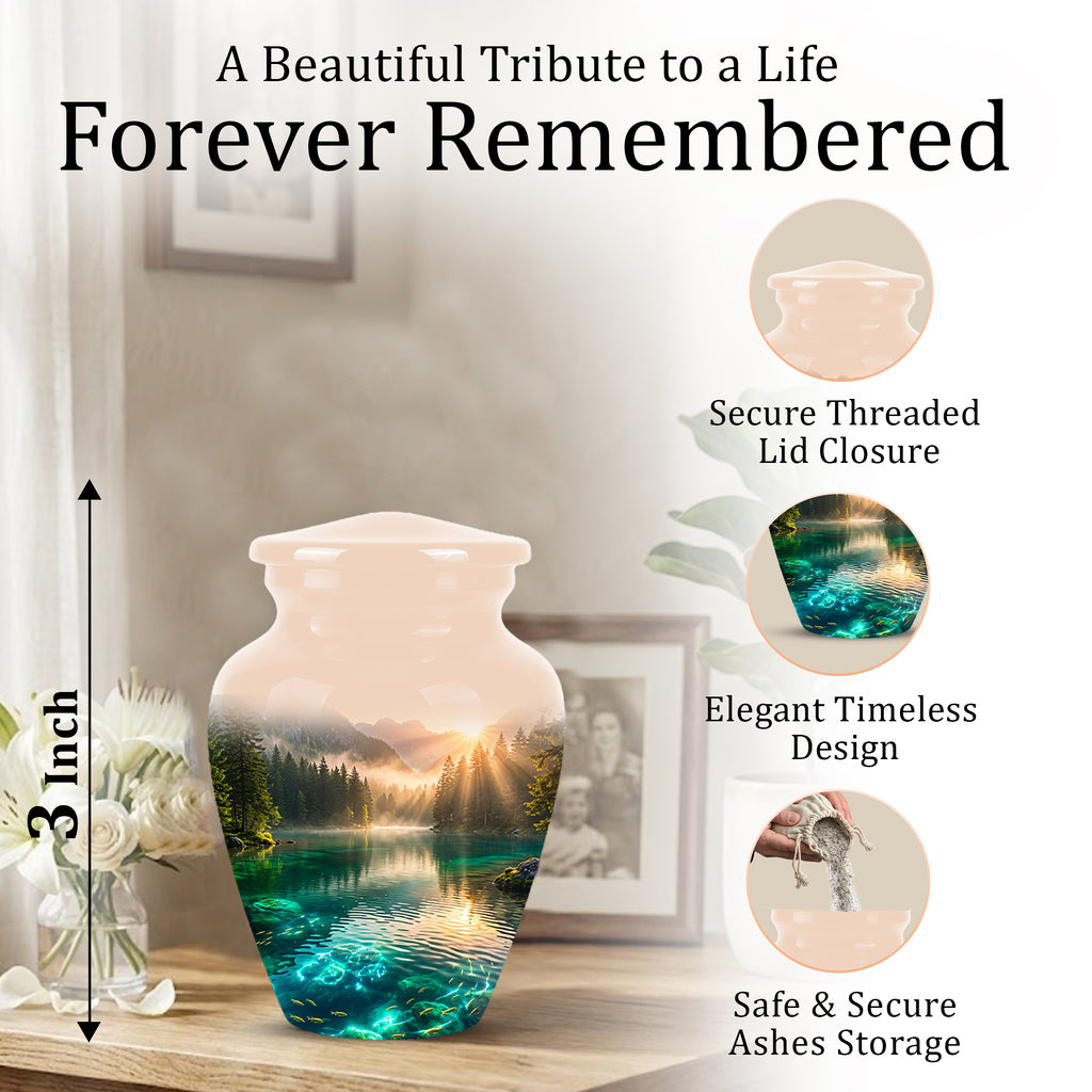 Serene Mountain Lake Cremation Urn- Custom Memorial Art Urns For Ashes