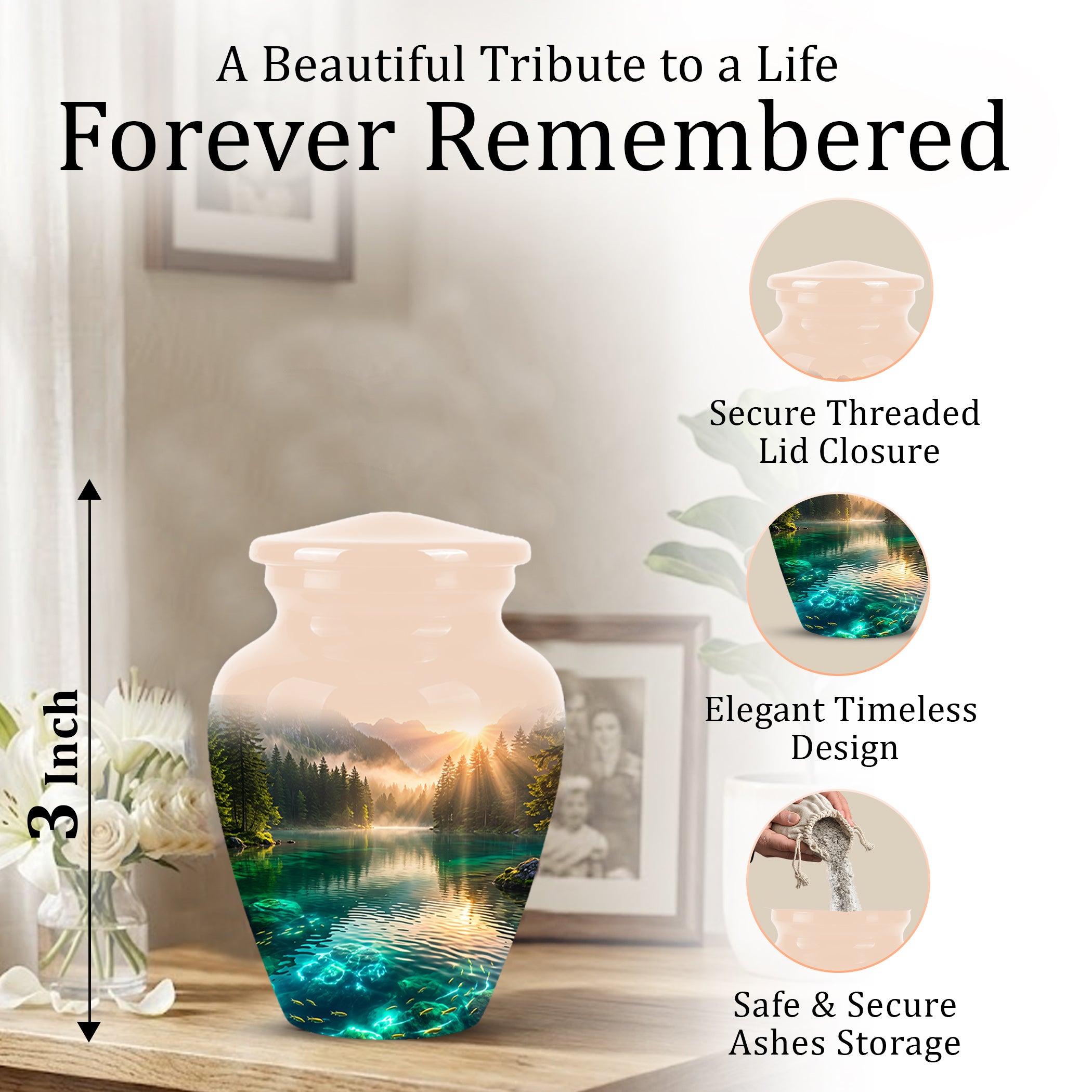 Serene Mountain Lake Cremation Urn- Custom Memorial Art Urns For Ashes