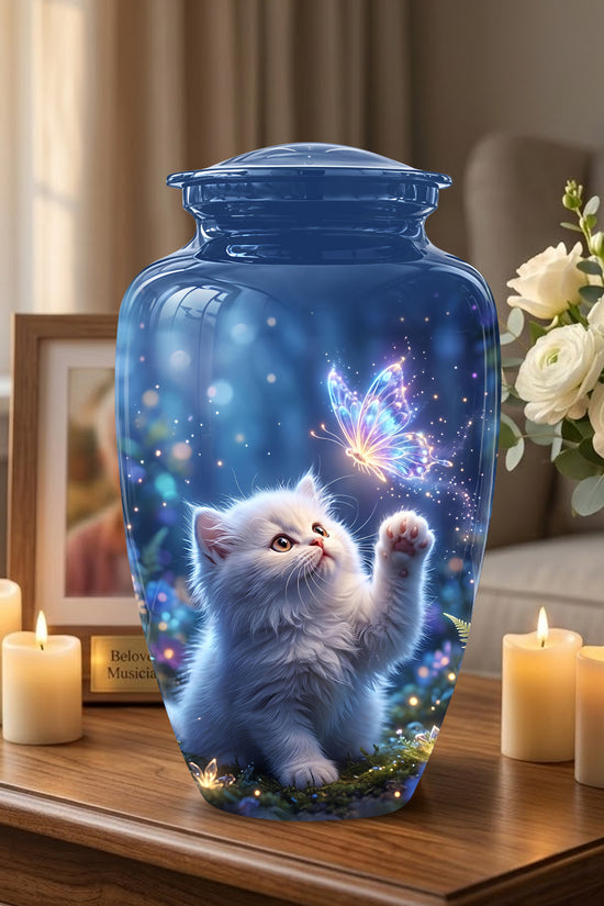 White Cat With Majestic Butterfly - Blue Cremation Urns For Human Ashes