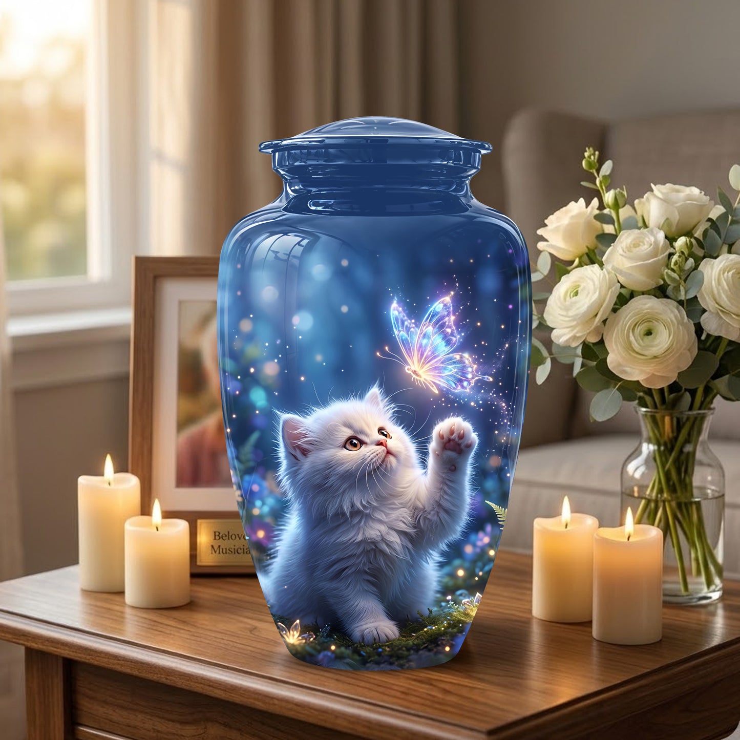 White Cat With Majestic Butterfly - Blue Cremation Urns For Human Ashes