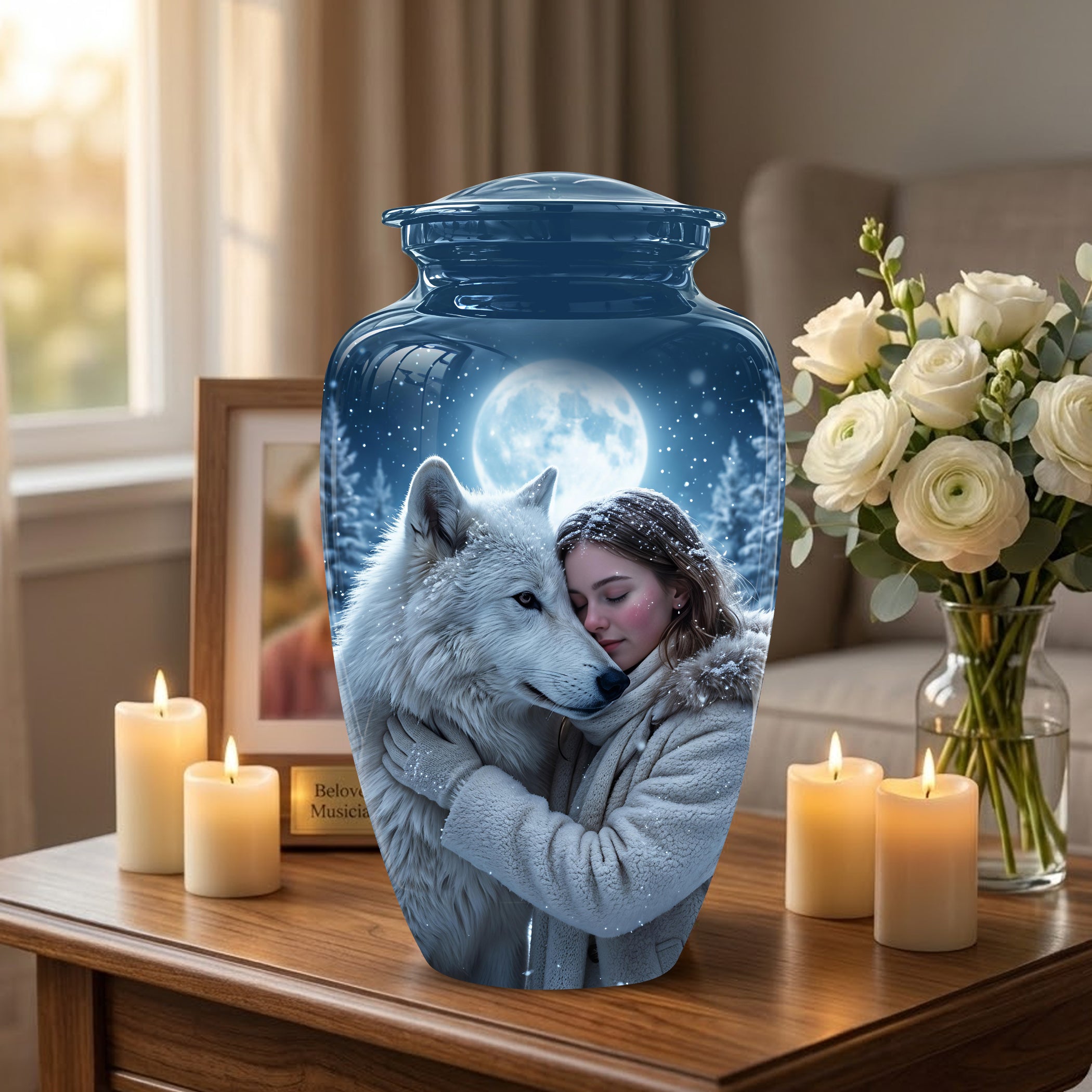 Moonlit White Wolf Cremation Urn for Ashes | Personalized Memorial