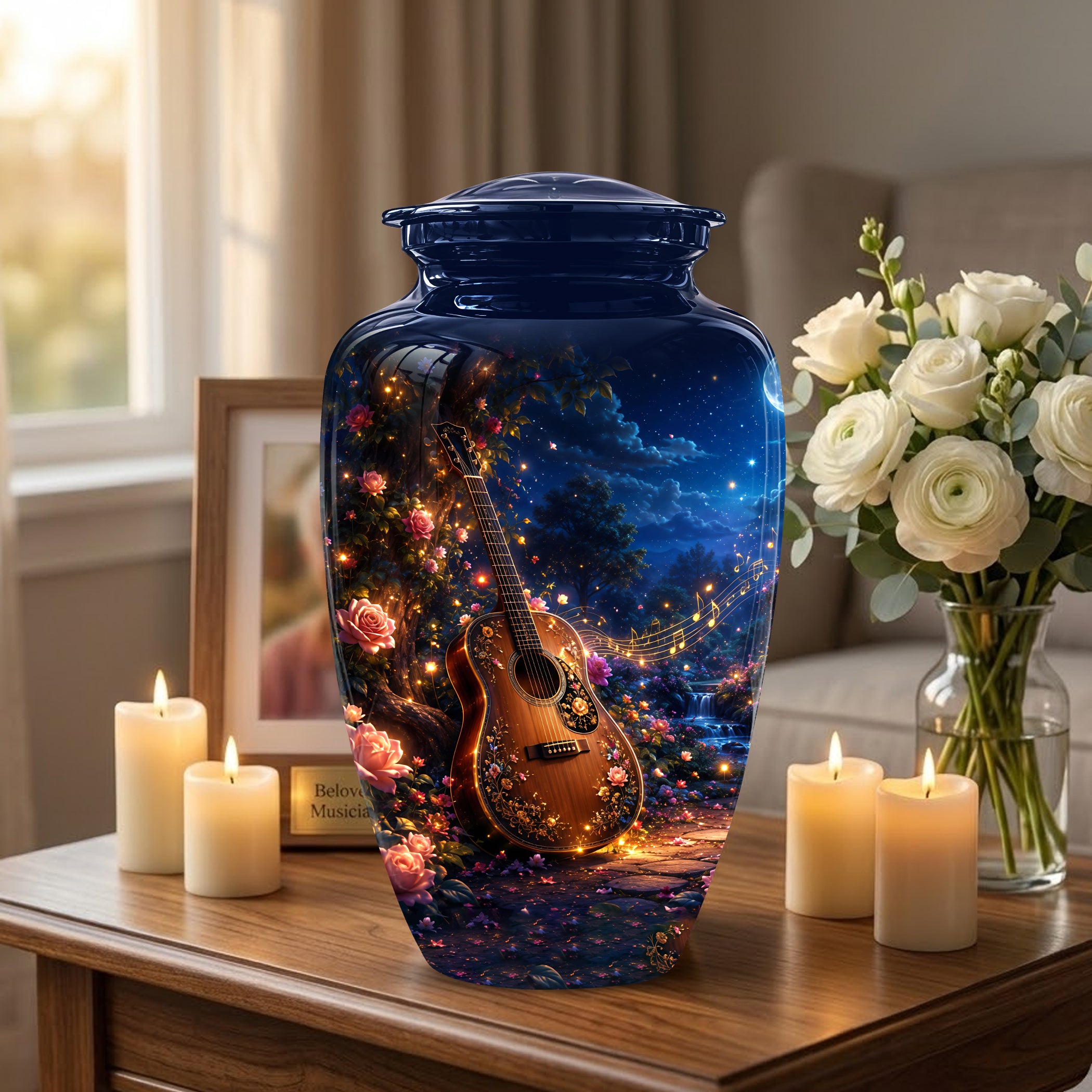 Acoustic Guitar & Starry Night Urn - Custom Funeral Urns For Musicians