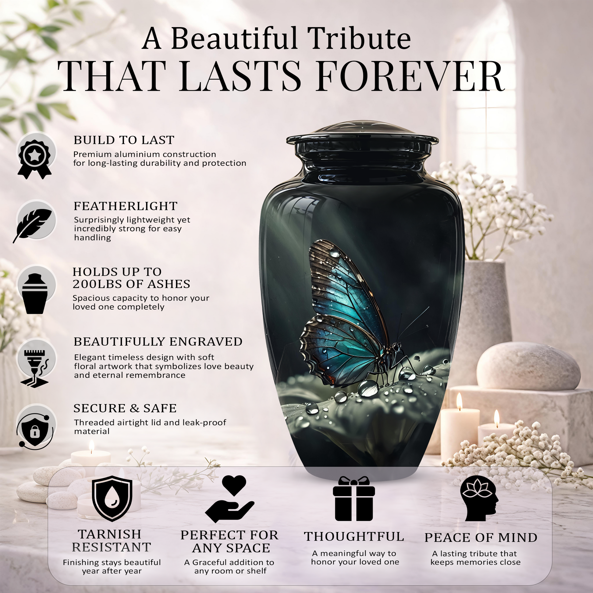 Blue Morpho Butterfly Cremation Urn - Beautiful Burial Urns For Mom Ashes
