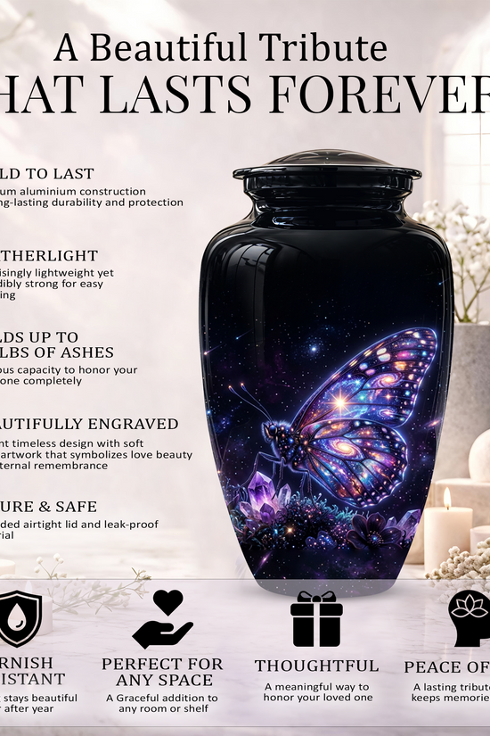Purple Butterfly Cremation Urn - Beautiful Black Urns For Human Ashes