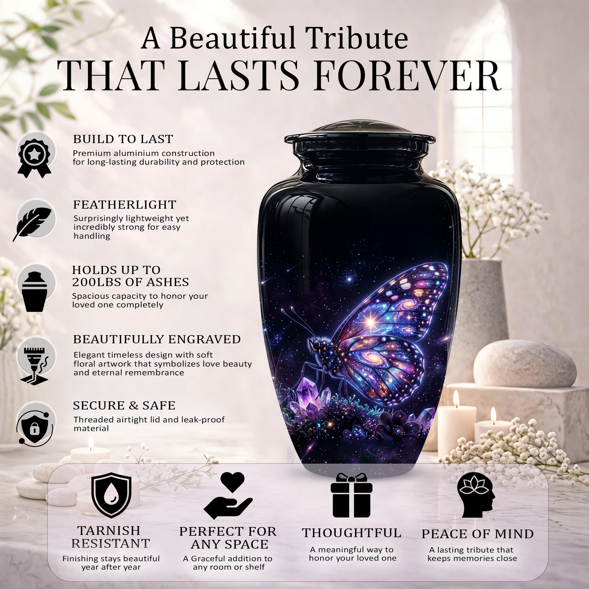 Purple Butterfly Cremation Urn - Beautiful Black Urns For Human Ashes
