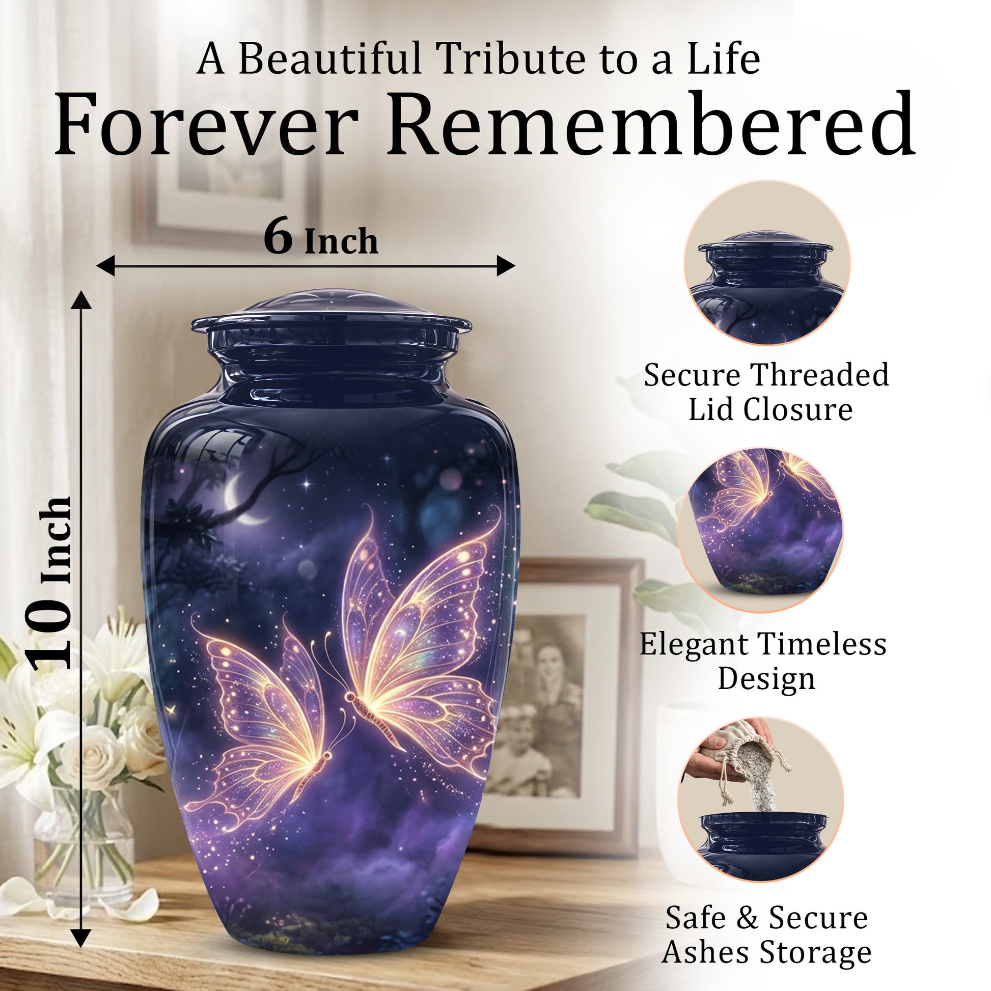 Purple Butterfly Cremation Urn - Beautiful Urns for Women Ashes