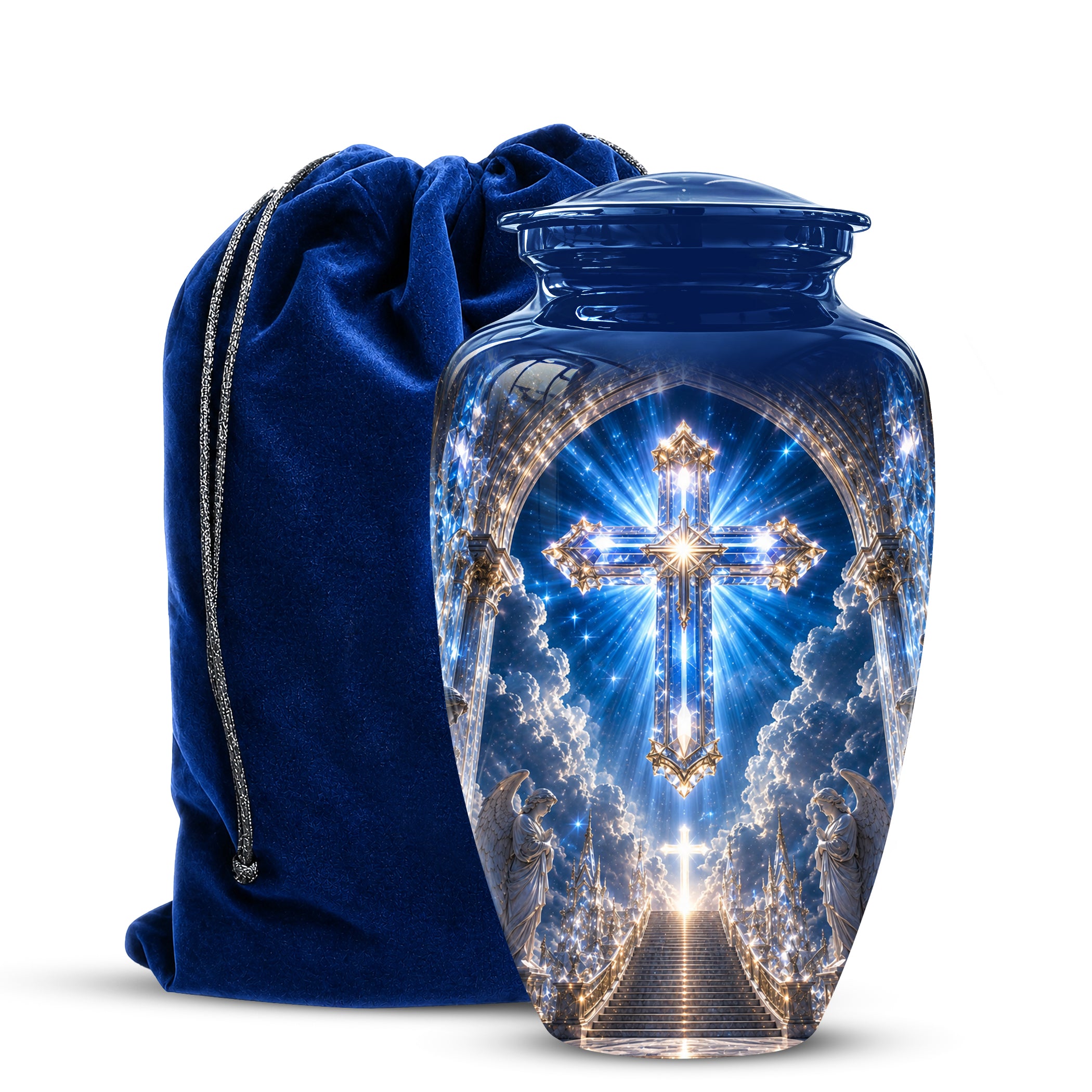 Heavenly Cross Cremation Urn – Blue Memorial Urn For Human Ashes