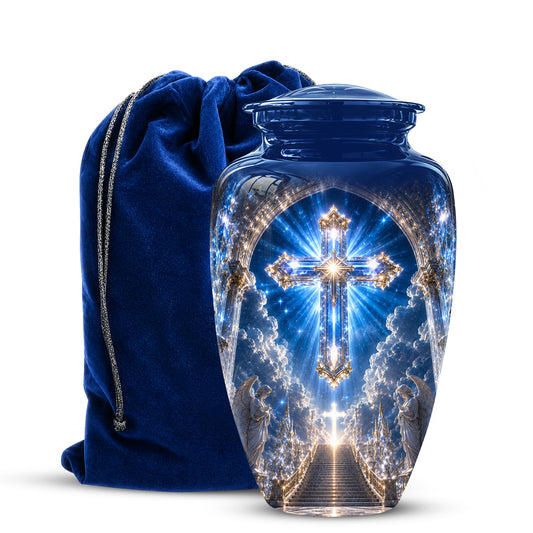 Heavenly Cross Cremation Urn – Blue Memorial Urn For Human Ashes