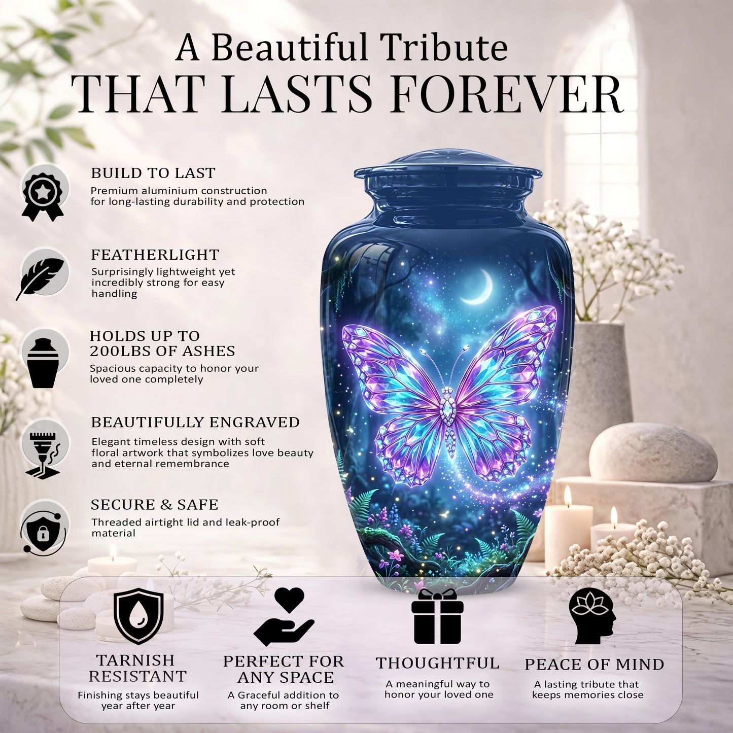 Glowing Colorful Butterfly Memorial Urn - Majestic Urns For Ashes