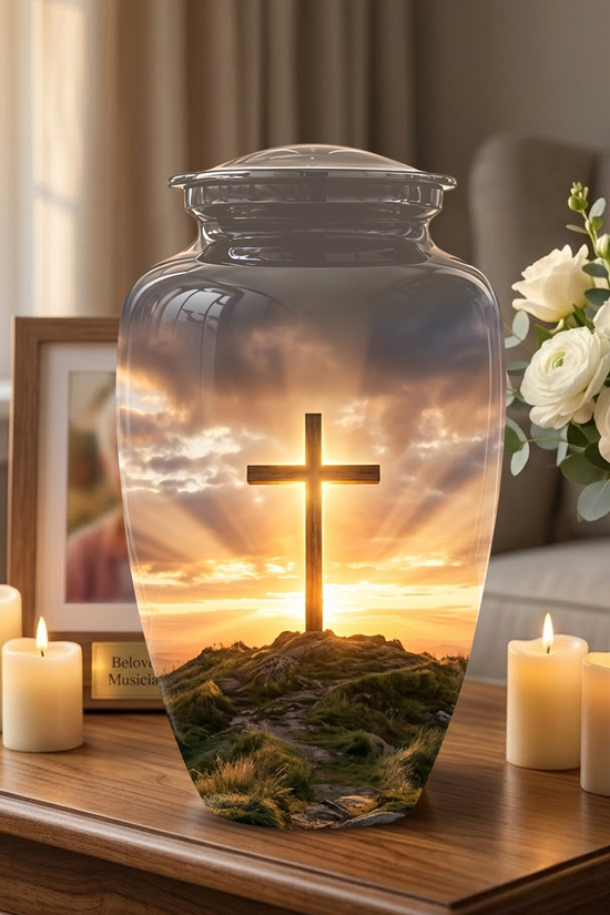 Christian Cross Cremation Urn - Sunrise Scenic Burial Urns For Human Ashes