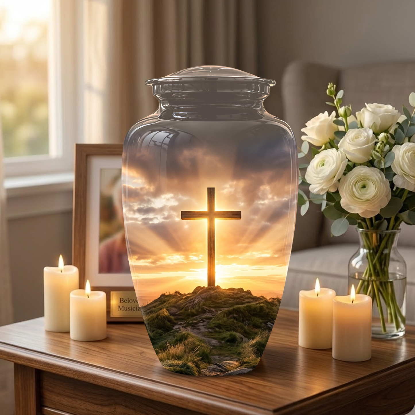 Christian Cross Cremation Urn - Sunrise Scenic Burial Urns For Human Ashes