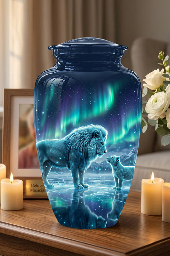 Lion & Cub Aurora Borealis Urn - Personalized Lion Urns For Human Ashes