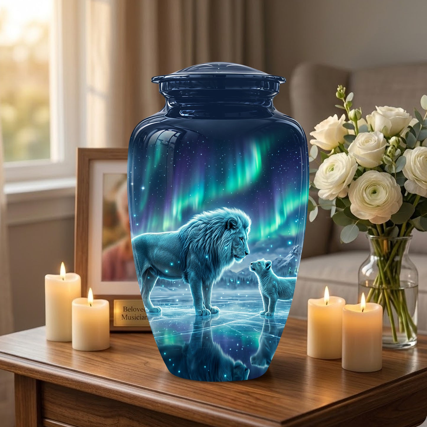 Lion & Cub Aurora Borealis Urn - Personalized Lion Urns For Human Ashes