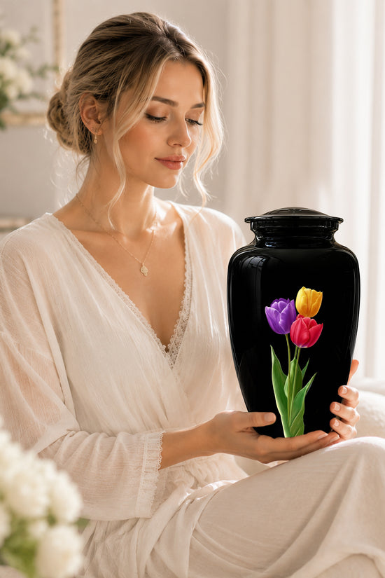Colorful Tulips Flower Cremation Urn - Personalized Black Urns On Sale