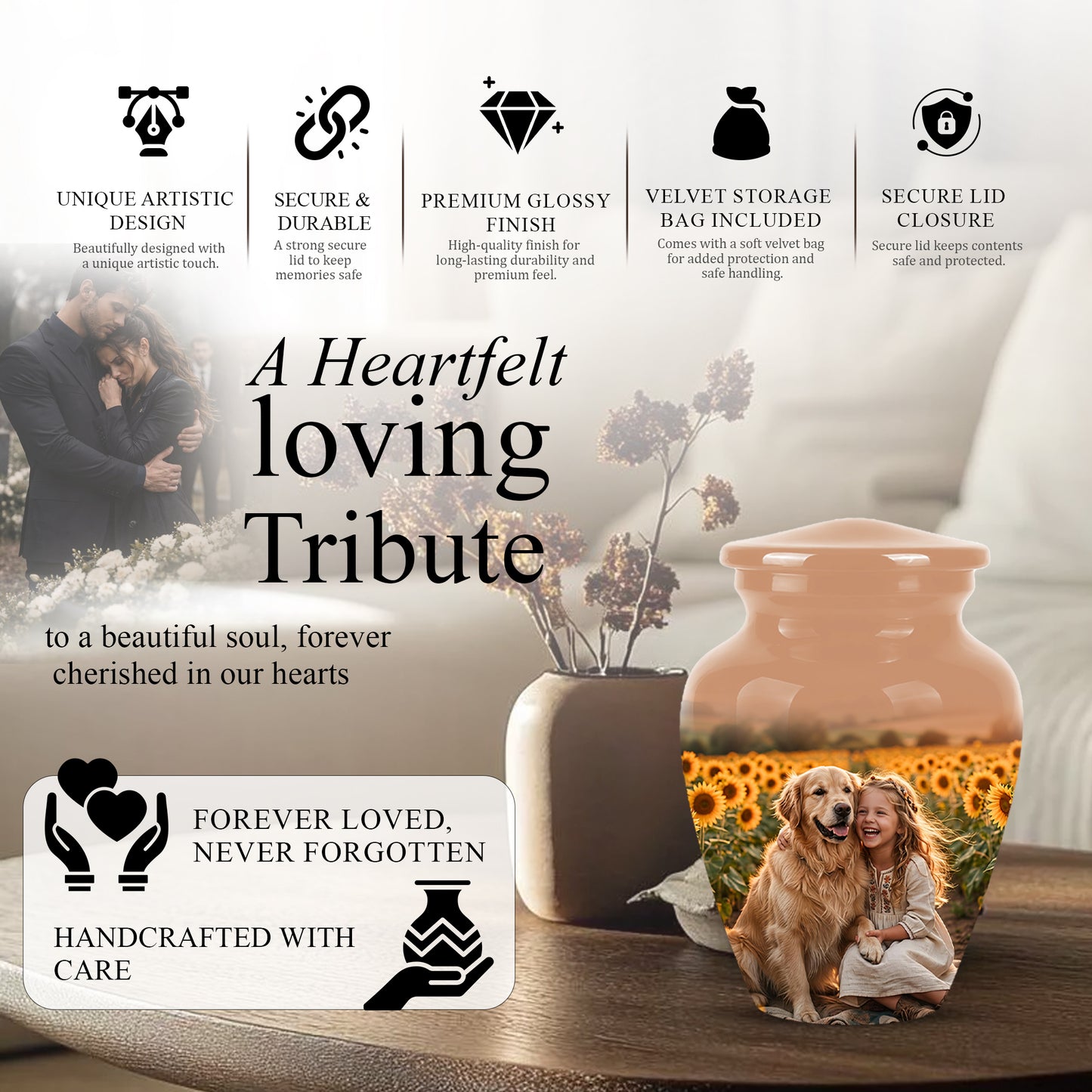 Golden Retriever With Girl - Beautifully Handcrafted Urns For Pet Ashes