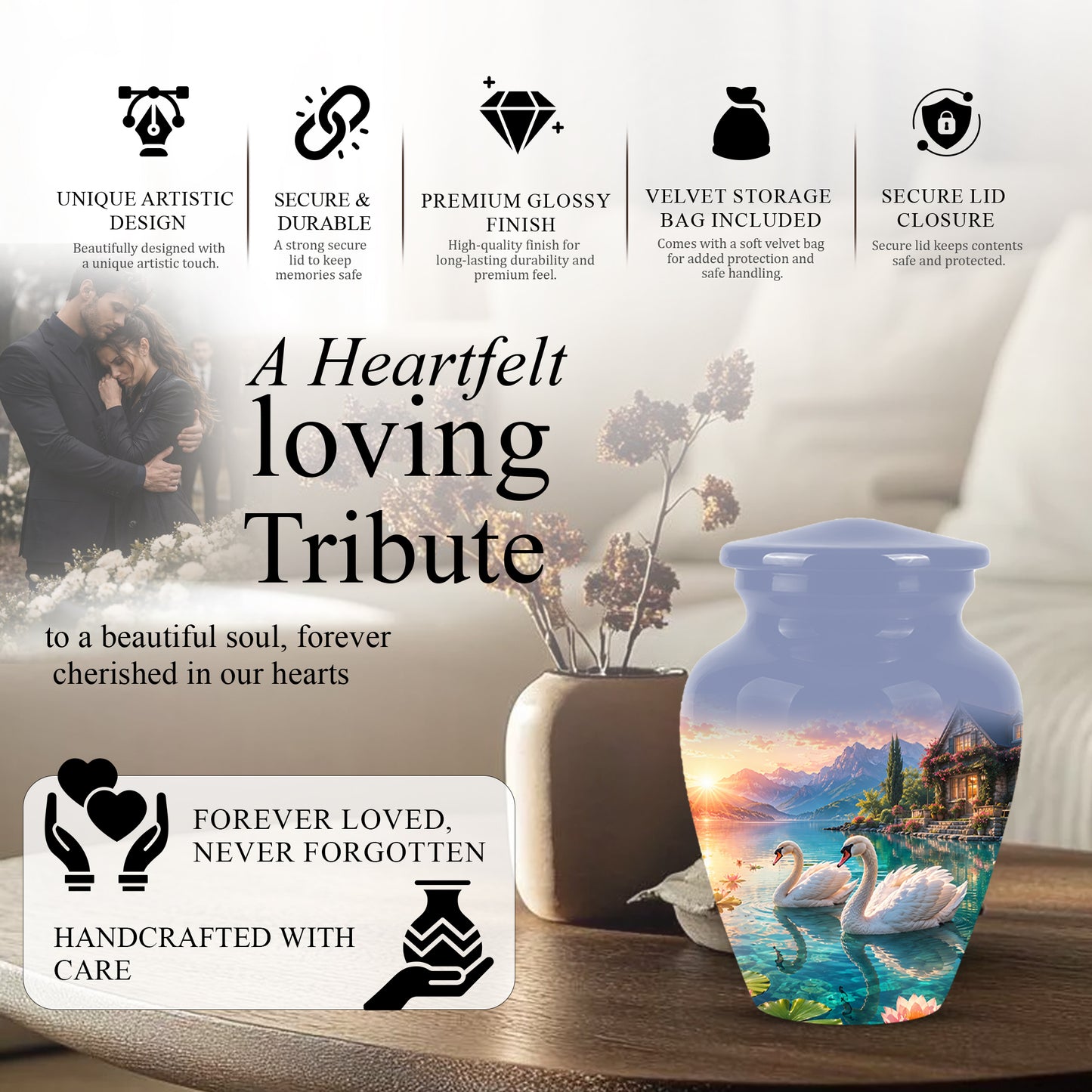 Couple Swan Themed Urn - Artistic Handcrafted Burial Urns For Humans