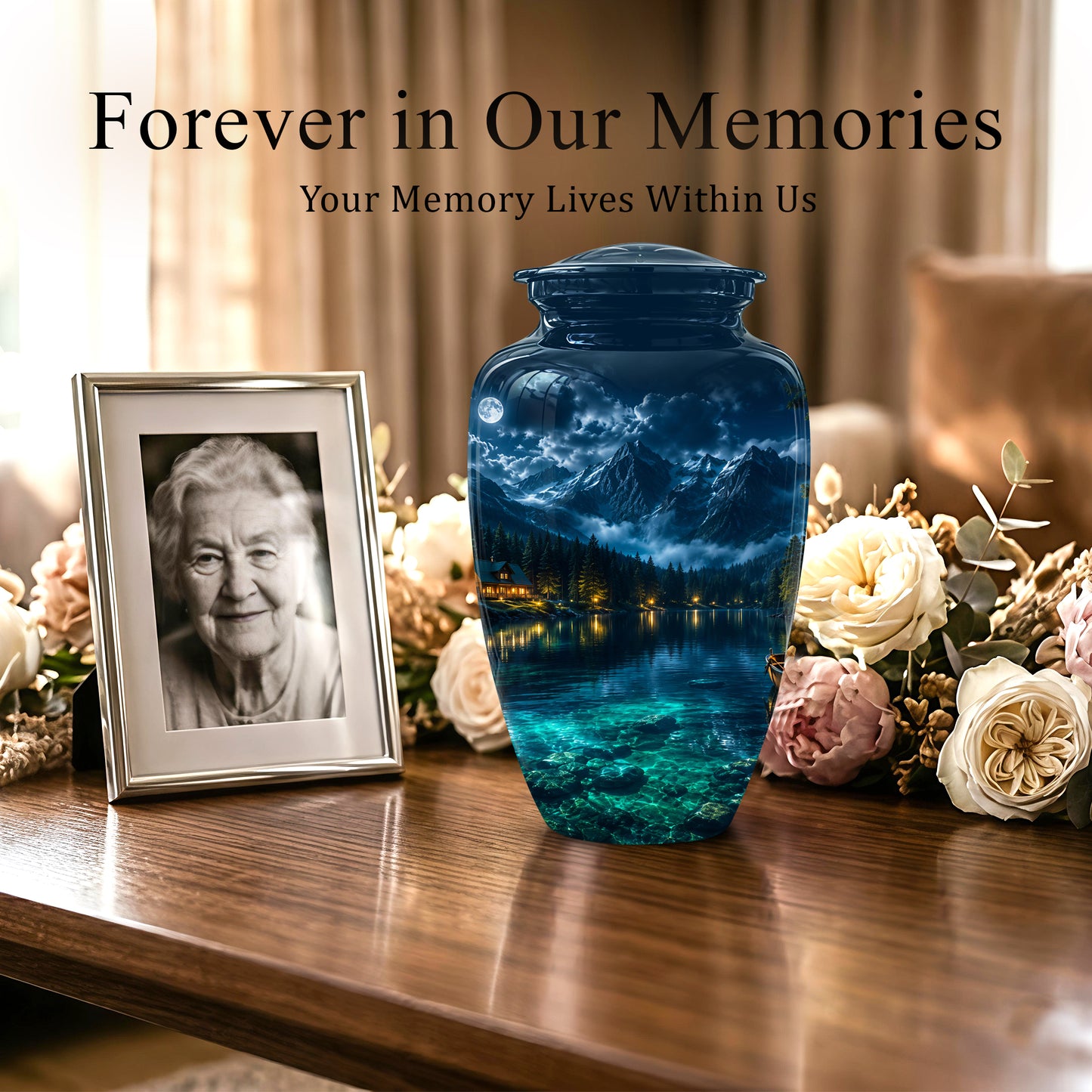 Mountain Lake Cremation Urn - Night Landscape Urns For Human Ashes