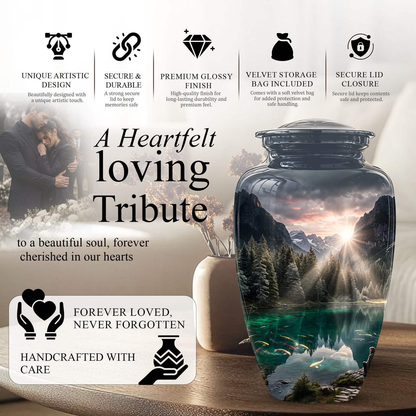 Mountain Lake Cremation Urn - Elegant Nature Urns For Human Ashes