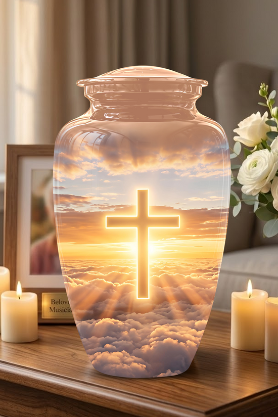 Christian Cross in Sky Cremation Urn - Beautiful Artistic Burial Urns For Ashes