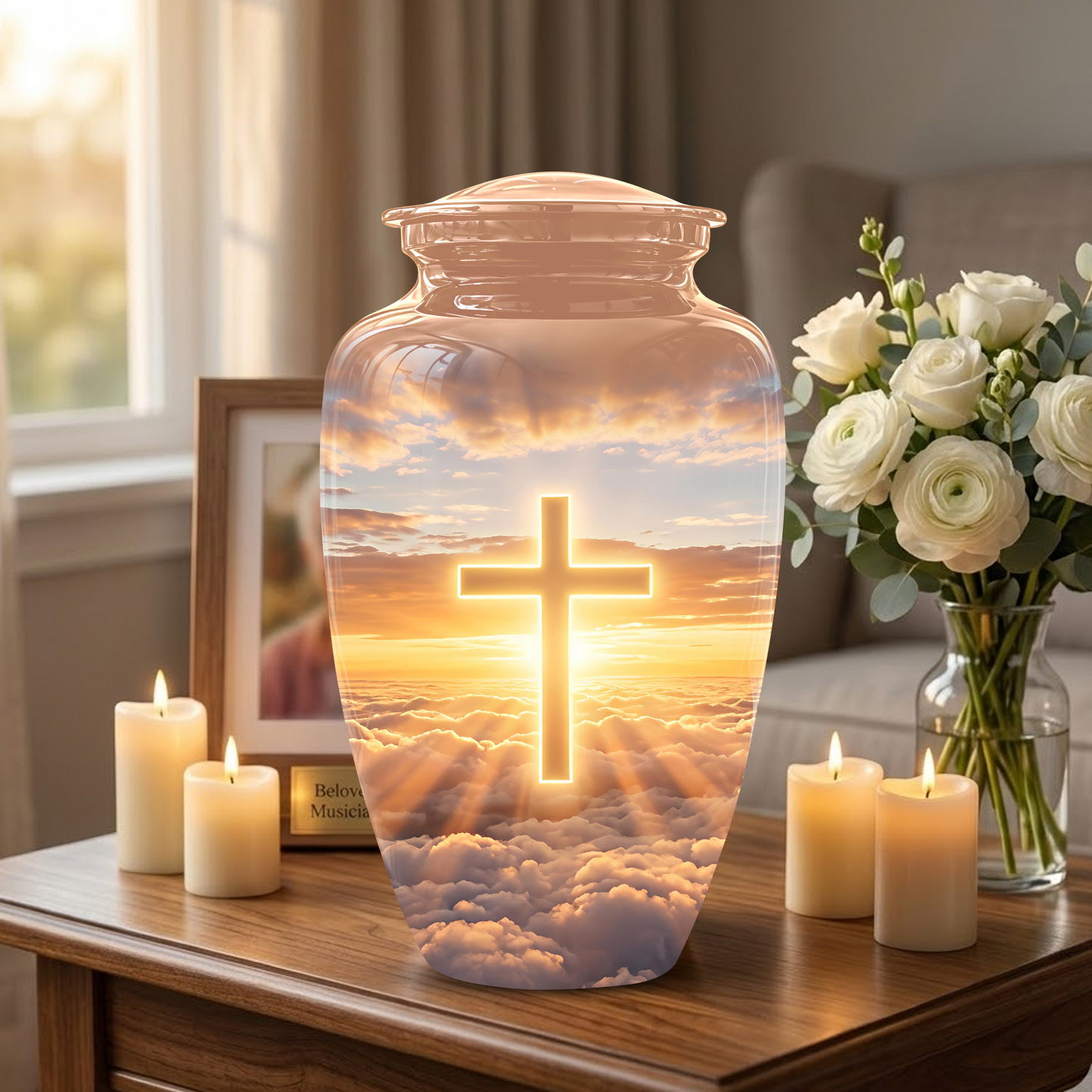 Christian Cross in Sky Cremation Urn - Beautiful Artistic Burial Urns For Ashes