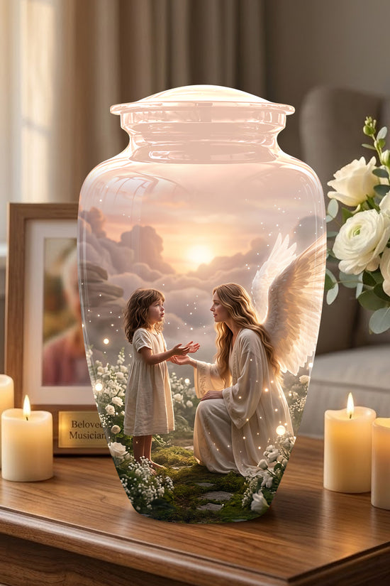 Angel Mom With Girl Child - Beautiful Artistic Custom Urns For Mom Ashes