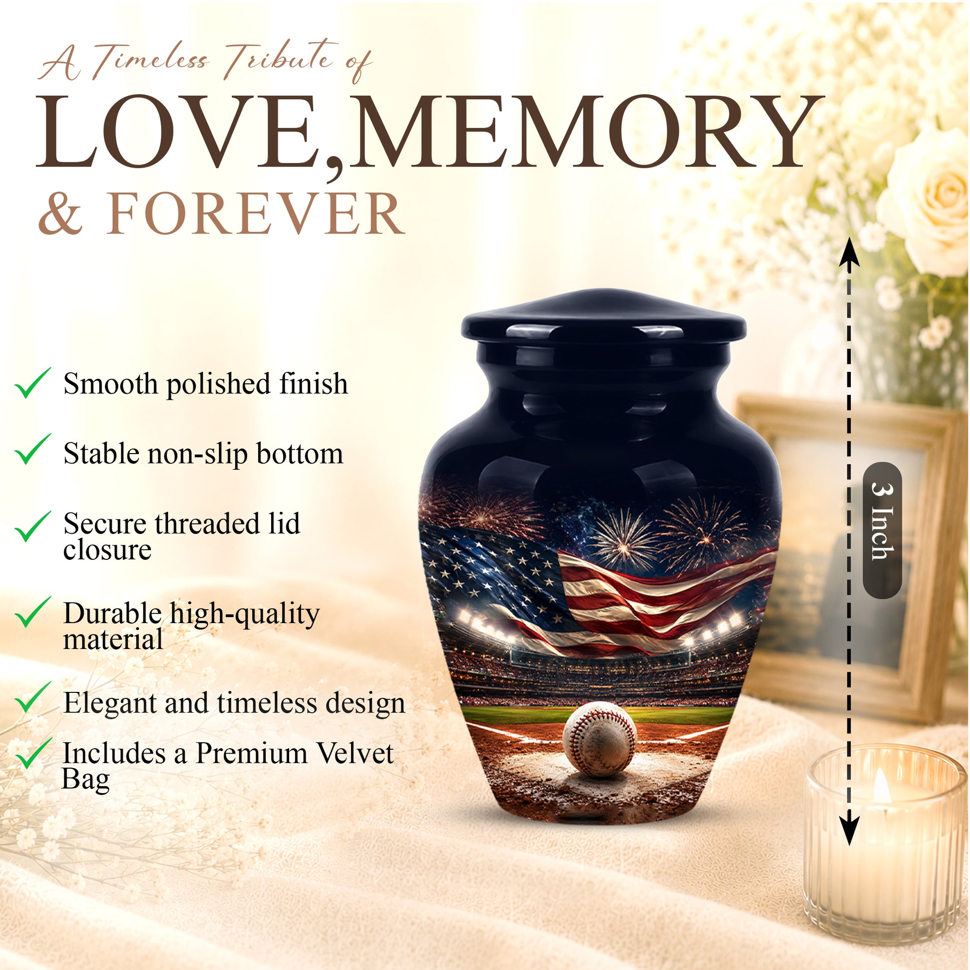 Personalized Baseball Urn with American Flag – Patriotic Urn for Human Ashes