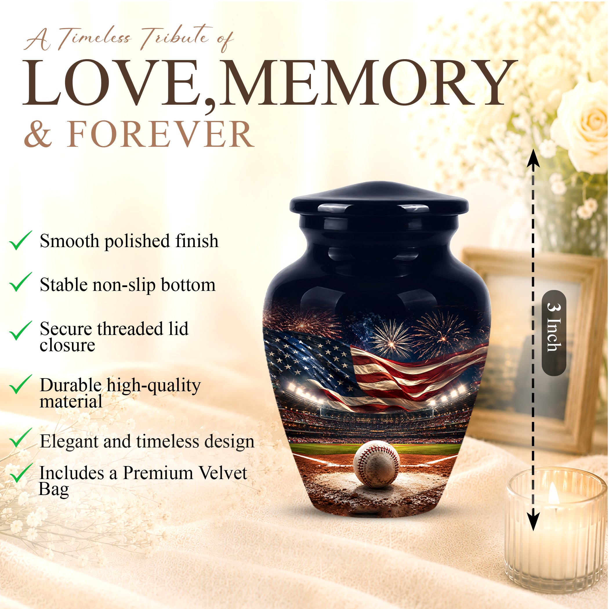 Personalized Baseball Urn with American Flag – Patriotic Urn for Human Ashes