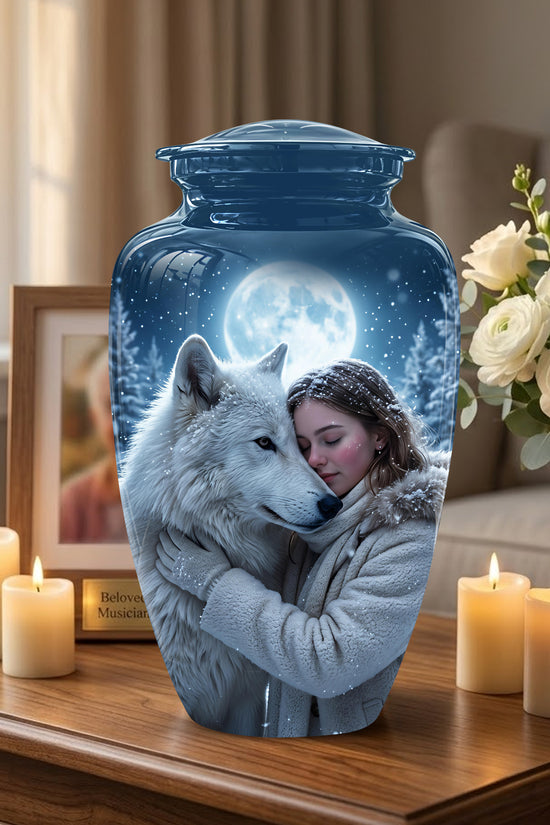 Moonlit White Wolf Cremation Urn for Ashes | Personalized Memorial