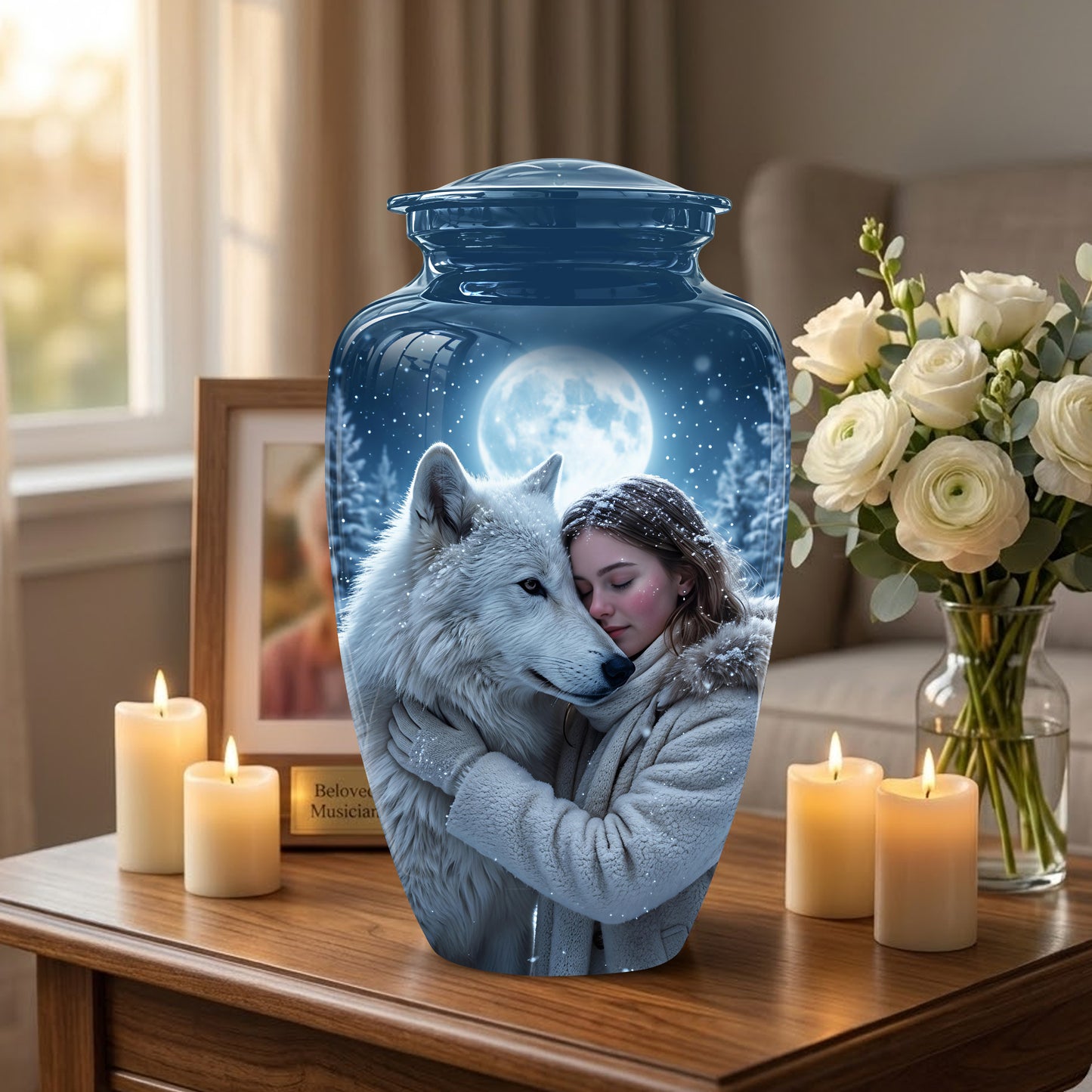 Moonlit White Wolf Cremation Urn for Ashes | Personalized Memorial