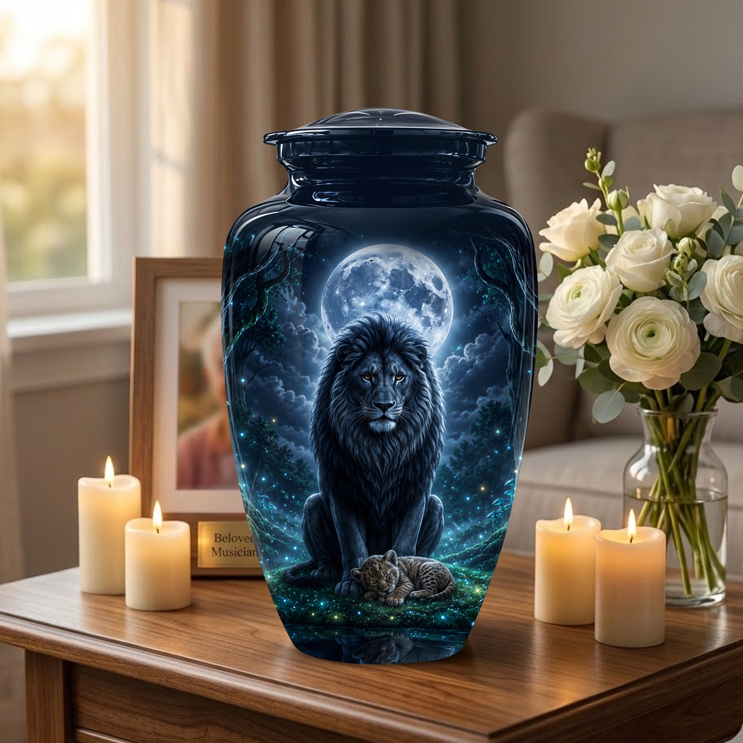 Lion And Moon Memorial Urn - Lion Adult Male Funeral Urns For Ashes