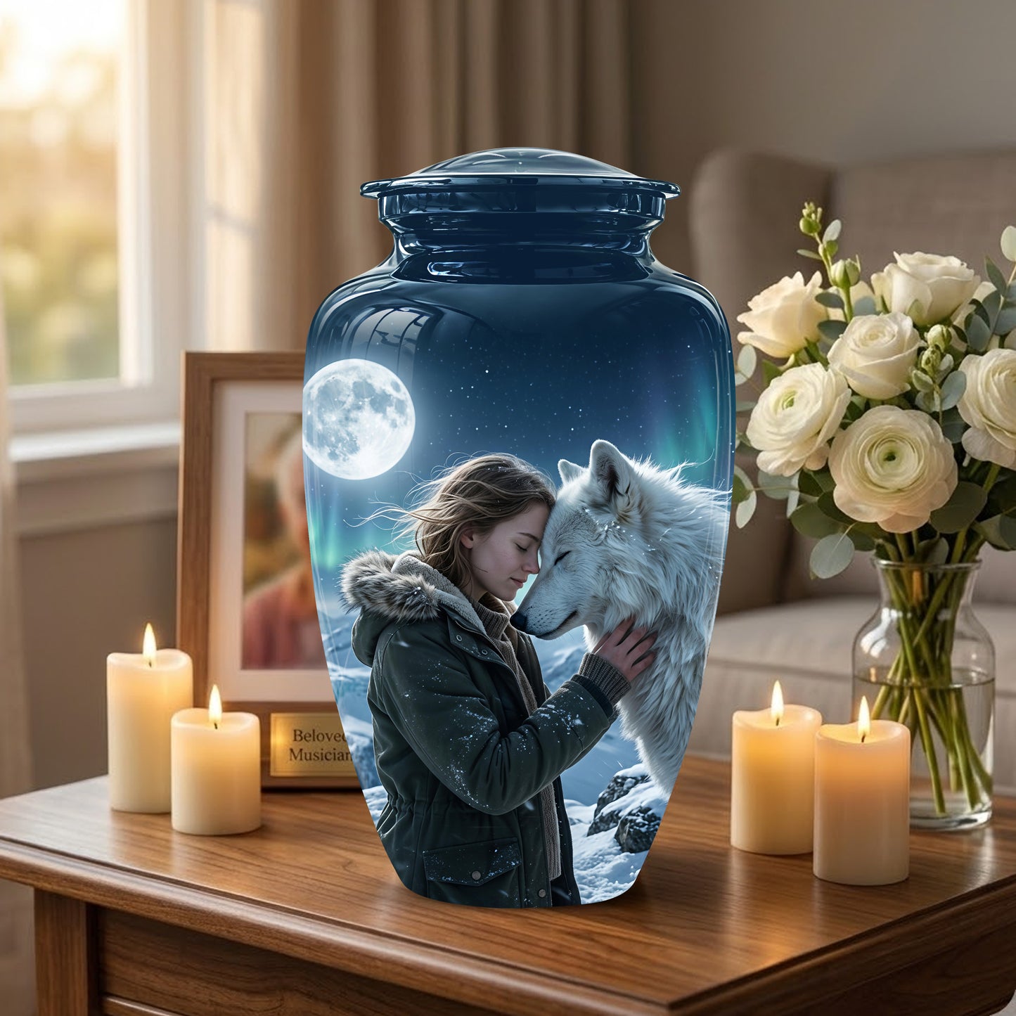 White Wolf Memorial Urn for Ashes - Custom Engraved Urns For Human
