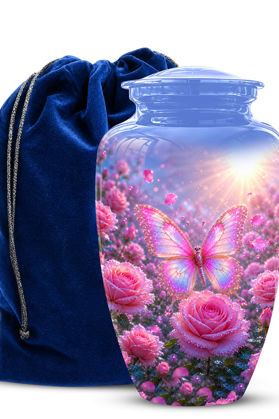 Pink Butterfly On Flower Funeral Urn - Handcrafted Urns For Mom Ashes