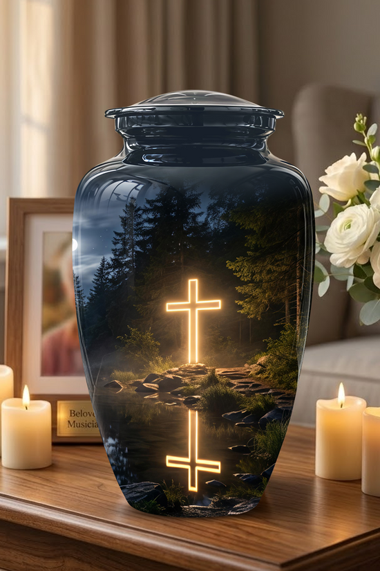 Glowing Cross In Forest - A Peaceful Tribute For Spiritual Human Ashes