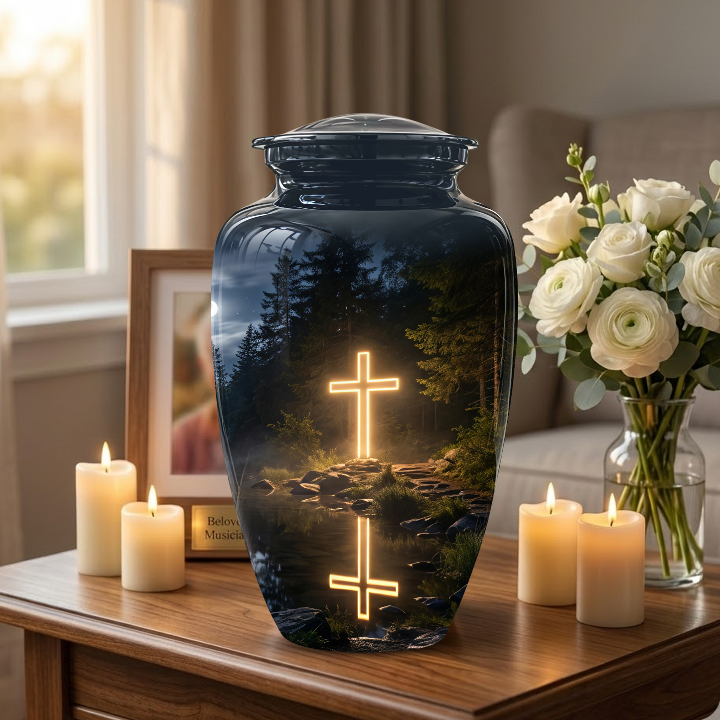 Glowing Cross In Forest - A Peaceful Tribute For Spiritual Human Ashes