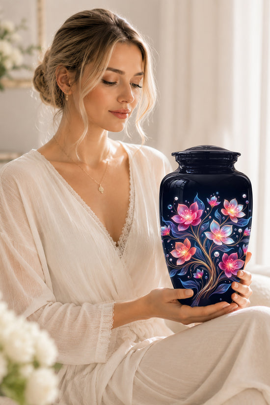 Hand-Painted Lotus Flower Cremation Urn - Decorative Urns On Sale