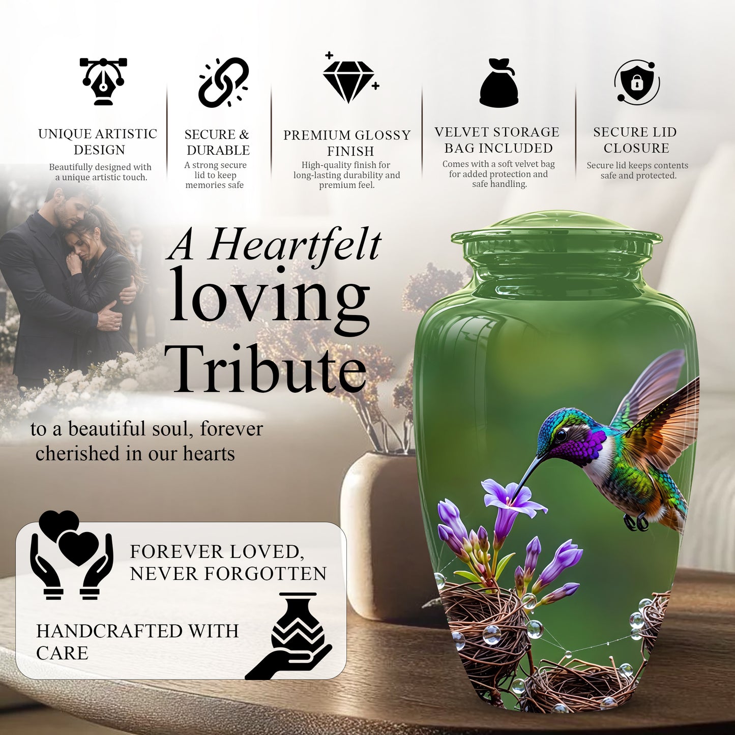 Colorful Hummingbird Memorial Urn - Green Burial Urns For Women Ashes
