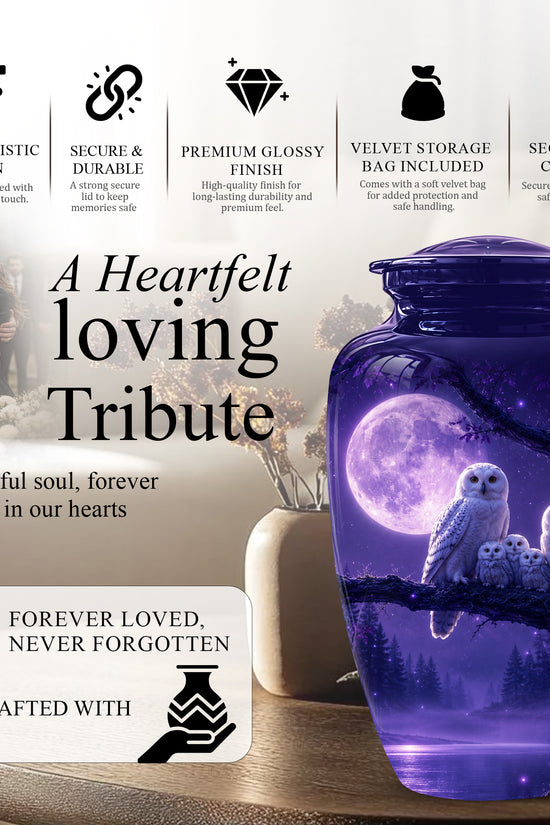 Purple Owl Cremation Urn - Handcrafted Memorial Urn For Adults Ashes