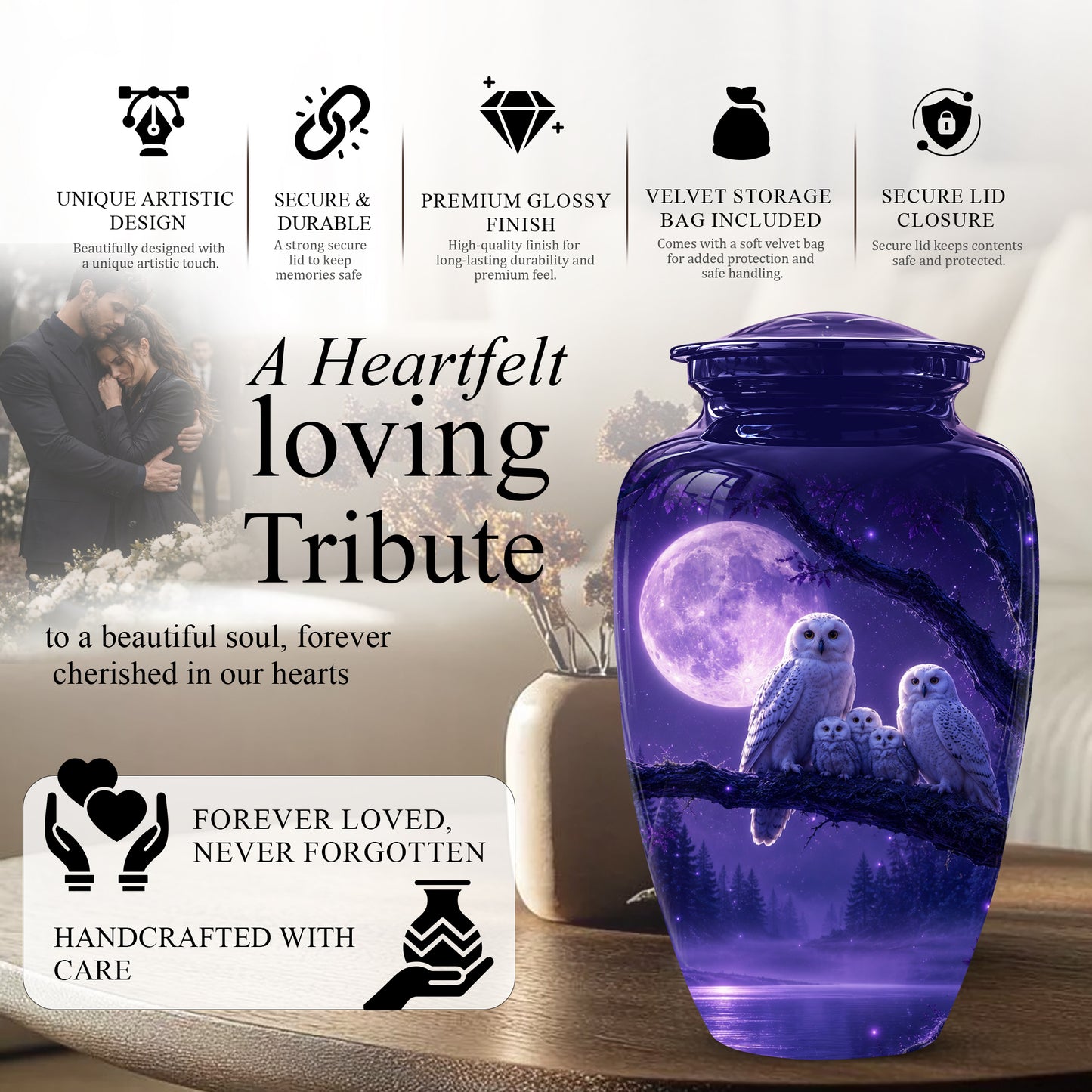 Purple Owl Cremation Urn - Handcrafted Memorial Urn For Adults Ashes