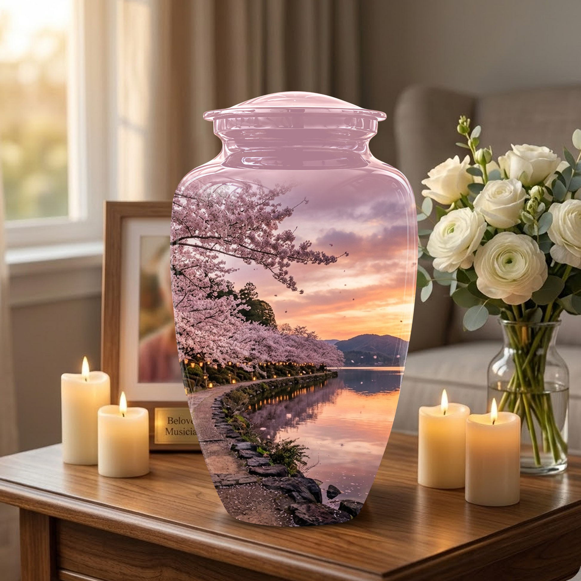 Pink Spring Tree Cremation Urns - Beautiful Nature Sunset Burial Urns