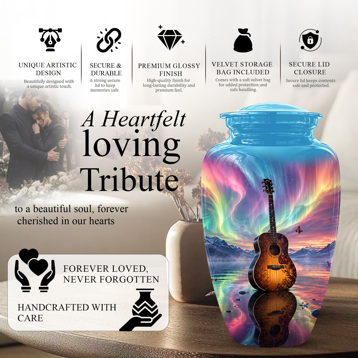 Guitar Aurora Borealis Urn - Classic Memorial Urns For Music Lovers