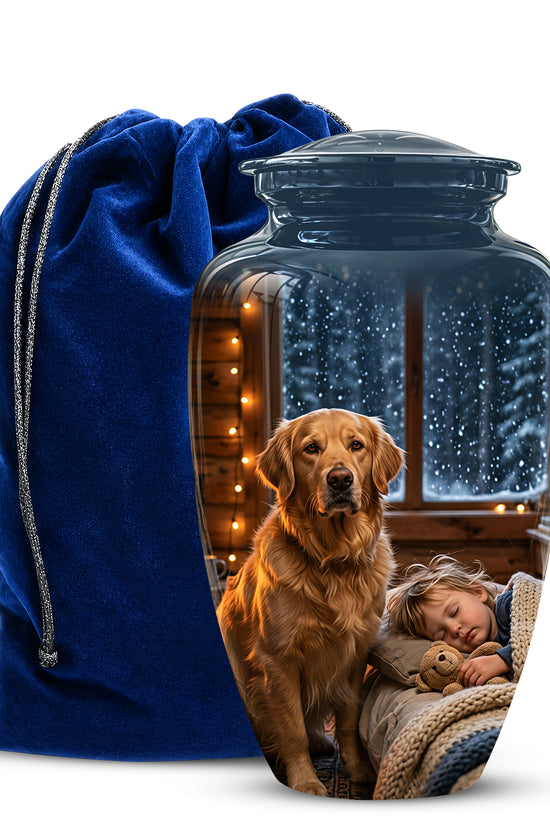 Cremation urn with a photo of a dog and child, accompanied by a blue velvet bag.